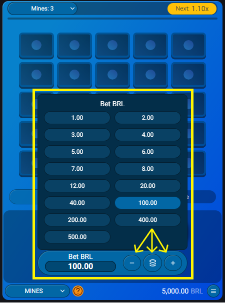 Seleção de apostas no jogo Mines