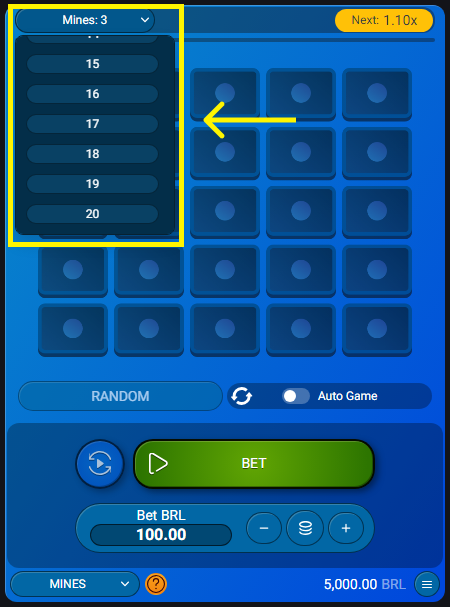 Selecionando o número de minas no jogo Mines